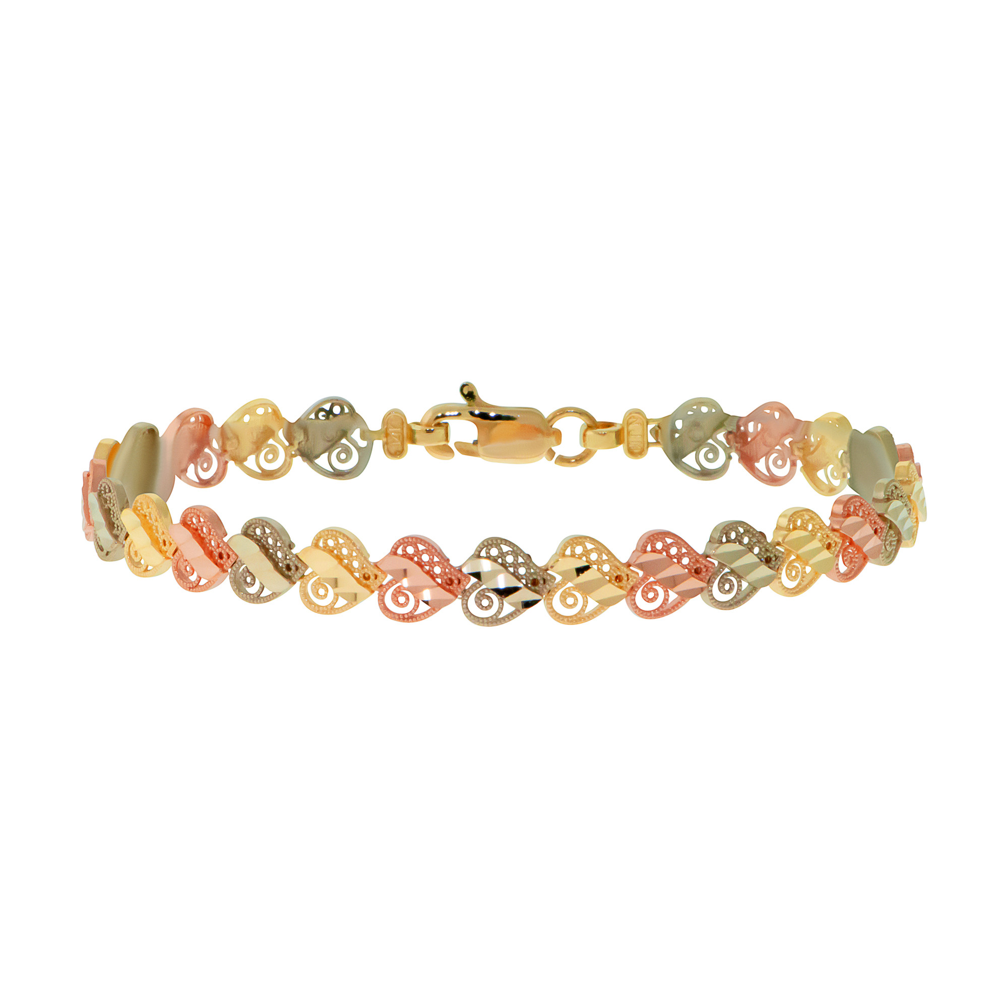 14k Gold Tri-color 7mm Diamond Cut Filigree Open Heart Bracelet 8" I